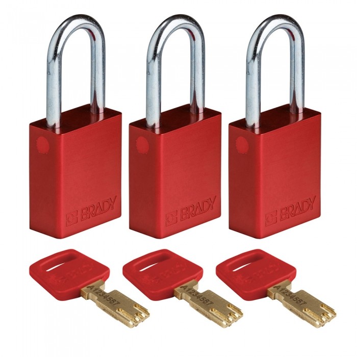 KIT DE 3 CANDADOS BRADY ALURED38STKA3PK DE ALUMINIO ROJO PBLOQUEO LLAVES IGUALES