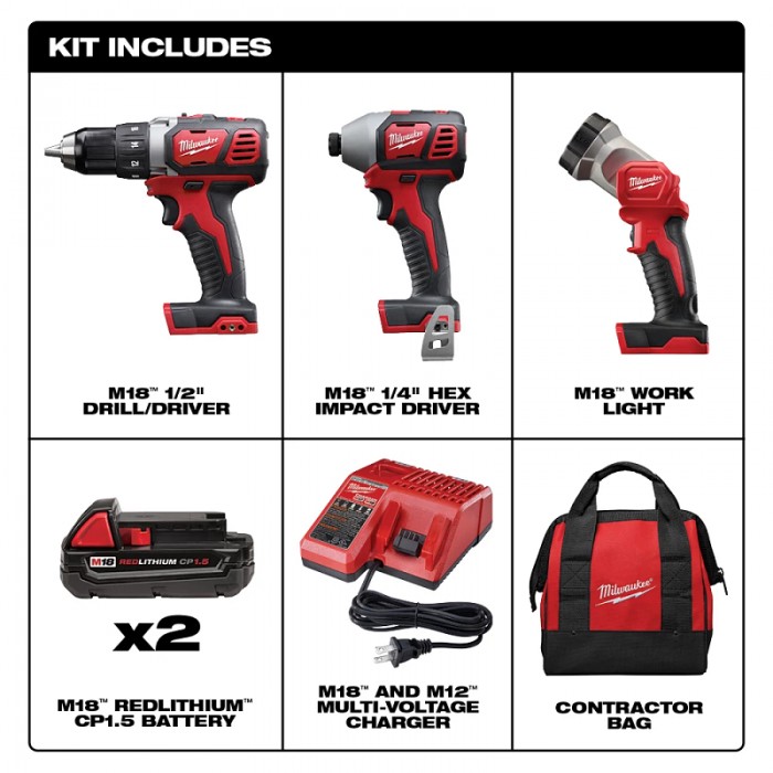 COMBO KIT TALADRO MILWAUKEE 269123 DESTORNILLADOR DE 12IN LLAVE DE IMPACTO 38IN M18 FUEL LAMPARA DE TRABAJO