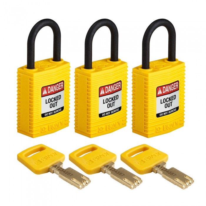KIT DE 3 CANDADOS BRADY CPTYLW25PLKA3PK DE NYLON AMARILLO COMPACTOS PBLOQUEO LLAVES IGUALES