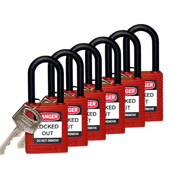 CANDADO BRADY DE CUERPOARCO DE NYLON ROJO DE 1 12 IN C6 PZAS LLAVES IGUALES